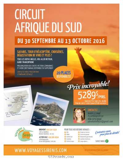 Annonces classees img:preview CIRCUIT EXCLUSIF EN AFRIQUE DU SUD 30 SEPT AU 13 OCT. 2016